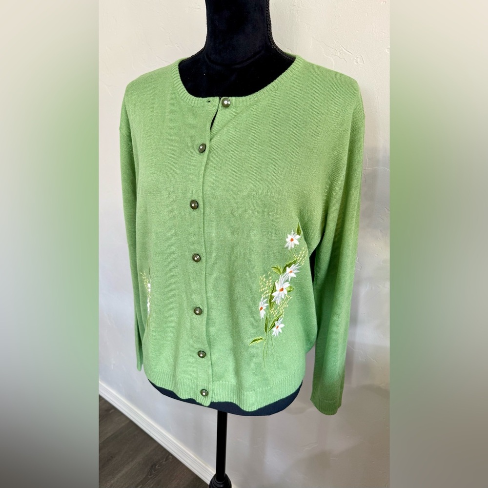 Storybook Knits Green Cardigan with Floral Embroidery